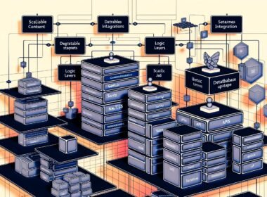 Visuell ansprechendes, modernes Dashboard zeigt Architektur eines Headless CMS mit miteinander verbundenen Modulen wie Sanity, Next.js, Nuxt und Gatsby sowie Echtzeit-Datenfluss und flexibler Schnittstellenstruktur.