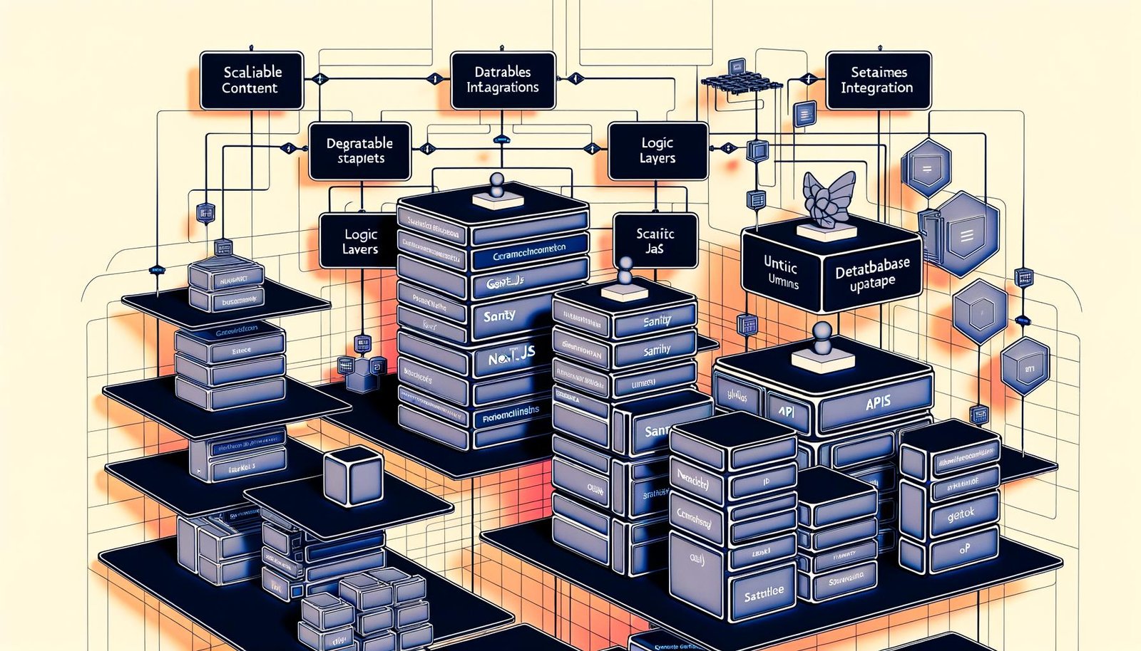 Visuell ansprechendes, modernes Dashboard zeigt Architektur eines Headless CMS mit miteinander verbundenen Modulen wie Sanity, Next.js, Nuxt und Gatsby sowie Echtzeit-Datenfluss und flexibler Schnittstellenstruktur.