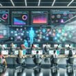 Digitales Marketingteam analysiert farbenfrohe KI-Dashboards und Content-Workflows in moderner Büroatmosphäre