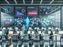 Digitales Marketingteam analysiert farbenfrohe KI-Dashboards und Content-Workflows in moderner Büroatmosphäre