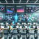 Digitales Marketingteam analysiert farbenfrohe KI-Dashboards und Content-Workflows in moderner Büroatmosphäre