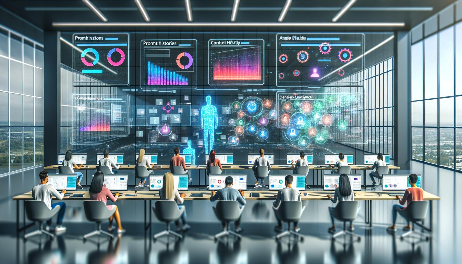 Digitales Marketingteam analysiert farbenfrohe KI-Dashboards und Content-Workflows in moderner Büroatmosphäre
