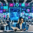 Moderner Arbeitsplatz mit mehreren Bildschirmen, KI-Dashboards, Workflow-Diagrammen, kollaborierenden Berufstätigen und Roboterarmen zur Automatisierung.