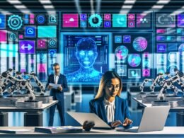 Moderner Arbeitsplatz mit mehreren Bildschirmen, KI-Dashboards, Workflow-Diagrammen, kollaborierenden Berufstätigen und Roboterarmen zur Automatisierung.