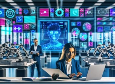 Moderner Arbeitsplatz mit mehreren Bildschirmen, KI-Dashboards, Workflow-Diagrammen, kollaborierenden Berufstätigen und Roboterarmen zur Automatisierung.