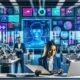 Moderner Arbeitsplatz mit mehreren Bildschirmen, KI-Dashboards, Workflow-Diagrammen, kollaborierenden Berufstätigen und Roboterarmen zur Automatisierung.