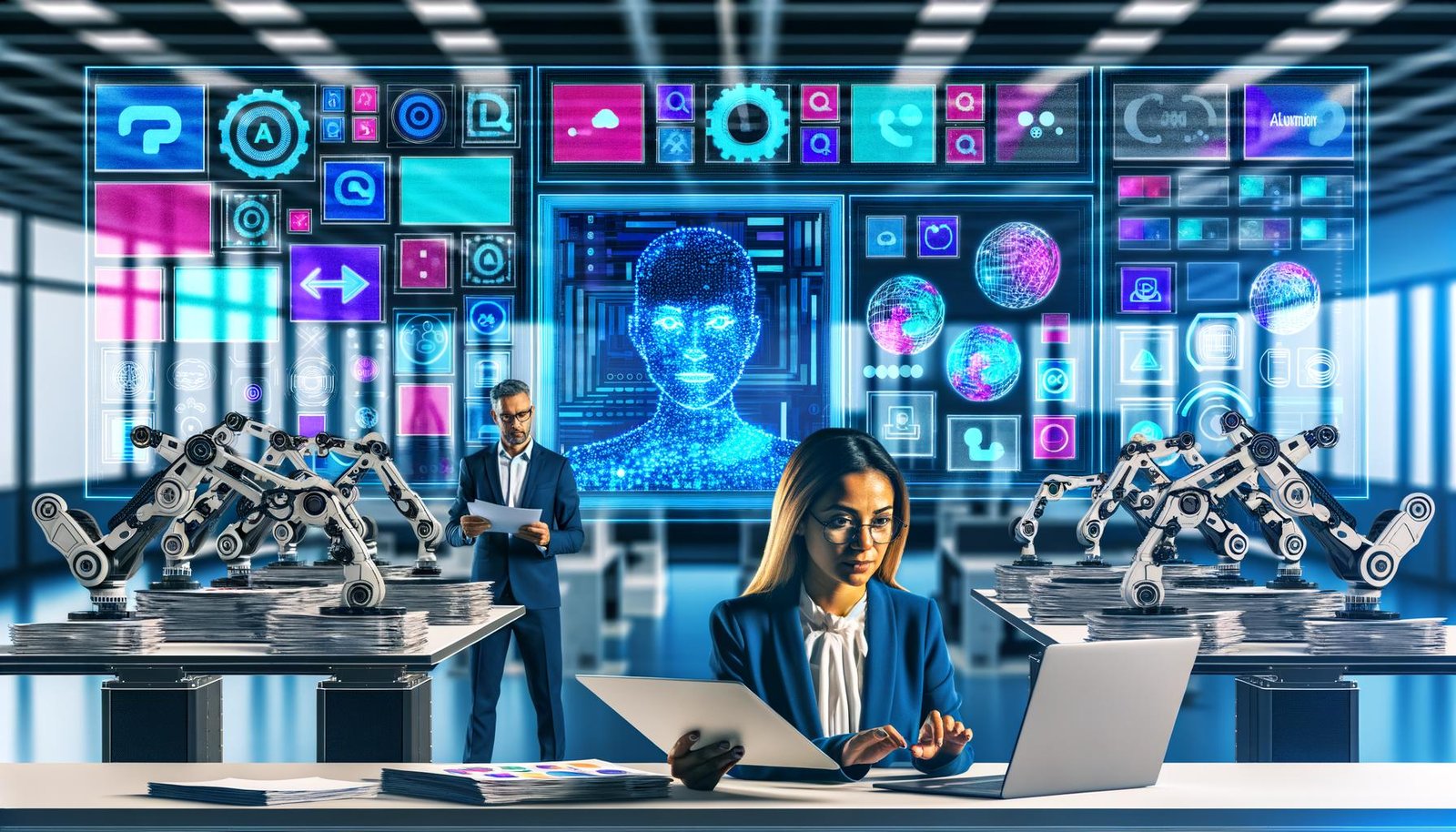 Moderner Arbeitsplatz mit mehreren Bildschirmen, KI-Dashboards, Workflow-Diagrammen, kollaborierenden Berufstätigen und Roboterarmen zur Automatisierung.