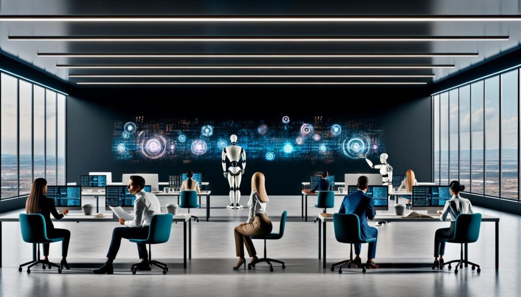 Dramatische Szene in einem modernen Großraumbüro, in dem Menschen und KI-Figuren gemeinsam arbeiten, Roboterarme Dokumente übergeben und Datenströme auf großen Bildschirmen sichtbar sind.