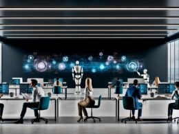 Dramatische Szene in einem modernen Großraumbüro, in dem Menschen und KI-Figuren gemeinsam arbeiten, Roboterarme Dokumente übergeben und Datenströme auf großen Bildschirmen sichtbar sind.