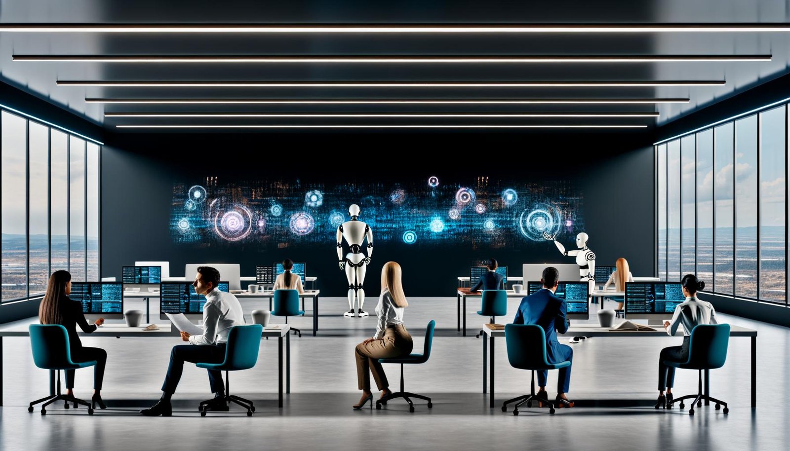 Dramatische Szene in einem modernen Großraumbüro, in dem Menschen und KI-Figuren gemeinsam arbeiten, Roboterarme Dokumente übergeben und Datenströme auf großen Bildschirmen sichtbar sind.