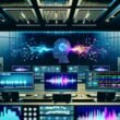 Modernes Tonstudio mit futuristischen KIs, smarte Lautsprecher und große Bildschirme zeigen TTS- und Voice-Cloning-Oberflächen, leuchtende Wellenformen und Dashboards; keine Menschen anwesend.