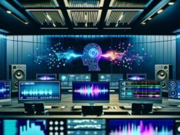 Modernes Tonstudio mit futuristischen KIs, smarte Lautsprecher und große Bildschirme zeigen TTS- und Voice-Cloning-Oberflächen, leuchtende Wellenformen und Dashboards; keine Menschen anwesend.
