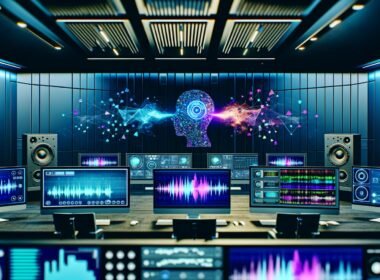 Modernes Tonstudio mit futuristischen KIs, smarte Lautsprecher und große Bildschirme zeigen TTS- und Voice-Cloning-Oberflächen, leuchtende Wellenformen und Dashboards; keine Menschen anwesend.