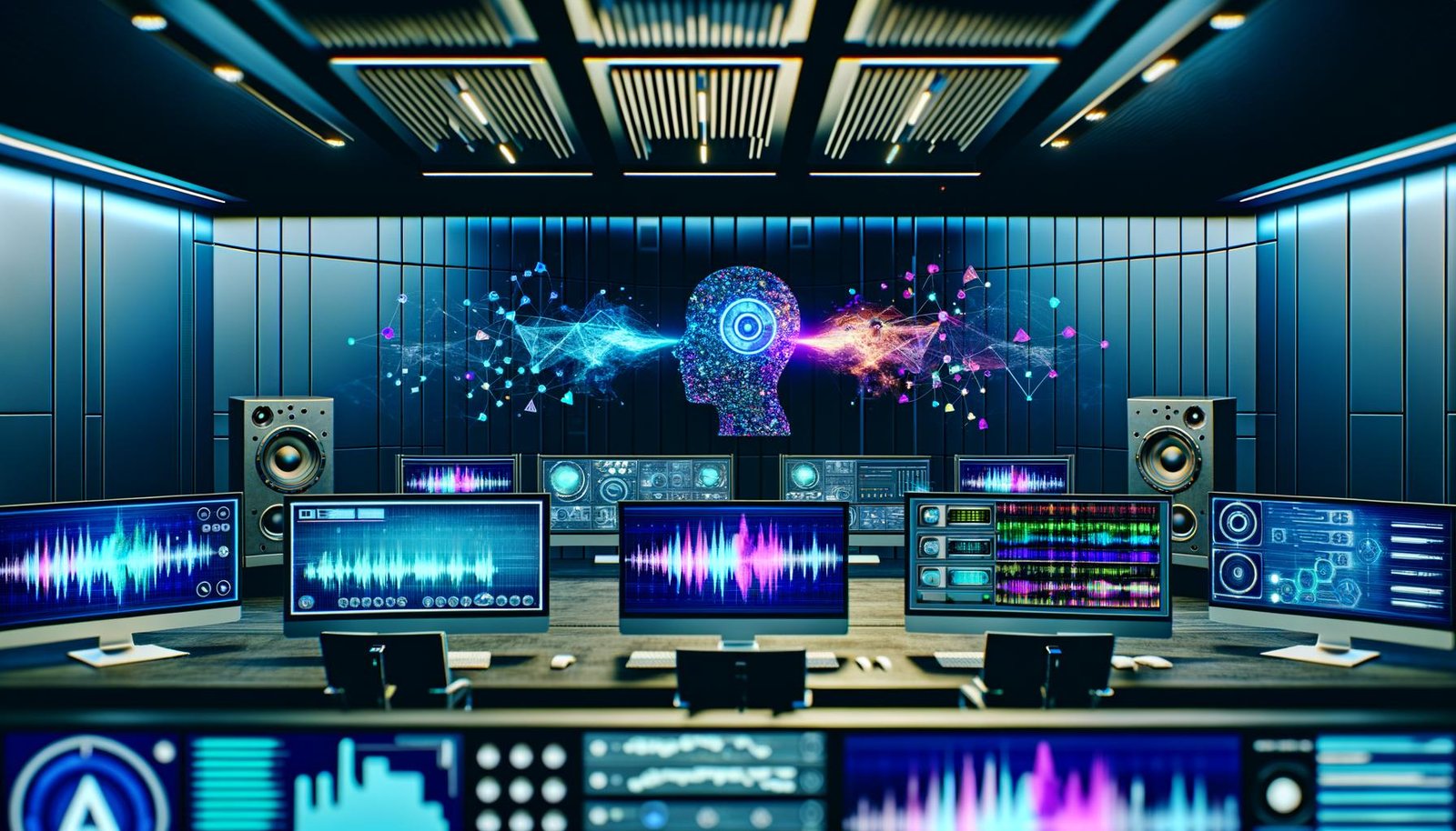 Modernes Tonstudio mit futuristischen KIs, smarte Lautsprecher und große Bildschirme zeigen TTS- und Voice-Cloning-Oberflächen, leuchtende Wellenformen und Dashboards; keine Menschen anwesend.