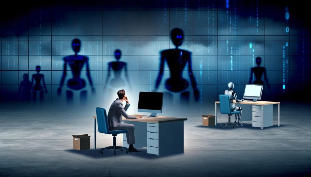 Düstere futuristische Büroszene mit Mensch am Schreibtisch und humanoiden Robotern, die Arbeitsprozesse und Daten übernehmen.