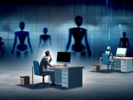 Düstere futuristische Büroszene mit Mensch am Schreibtisch und humanoiden Robotern, die Arbeitsprozesse und Daten übernehmen.