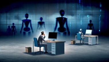 Düstere futuristische Büroszene mit Mensch am Schreibtisch und humanoiden Robotern, die Arbeitsprozesse und Daten übernehmen.