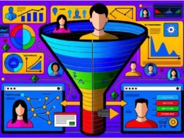 Modern illustrierter digitaler Conversion-Funnel mit diversen Nutzer-Avataren, Datenströmen, Analytics-Symbolen, Tool-Icons wie Google Analytics, Tag Manager, Heatmaps und A/B-Test auf Dashboards im Hintergrund.
