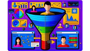 Modern illustrierter digitaler Conversion-Funnel mit diversen Nutzer-Avataren, Datenströmen, Analytics-Symbolen, Tool-Icons wie Google Analytics, Tag Manager, Heatmaps und A/B-Test auf Dashboards im Hintergrund.