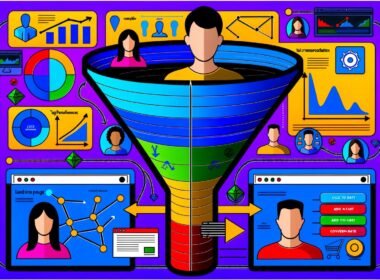 Modern illustrierter digitaler Conversion-Funnel mit diversen Nutzer-Avataren, Datenströmen, Analytics-Symbolen, Tool-Icons wie Google Analytics, Tag Manager, Heatmaps und A/B-Test auf Dashboards im Hintergrund.