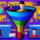 Modern illustrierter digitaler Conversion-Funnel mit diversen Nutzer-Avataren, Datenströmen, Analytics-Symbolen, Tool-Icons wie Google Analytics, Tag Manager, Heatmaps und A/B-Test auf Dashboards im Hintergrund.