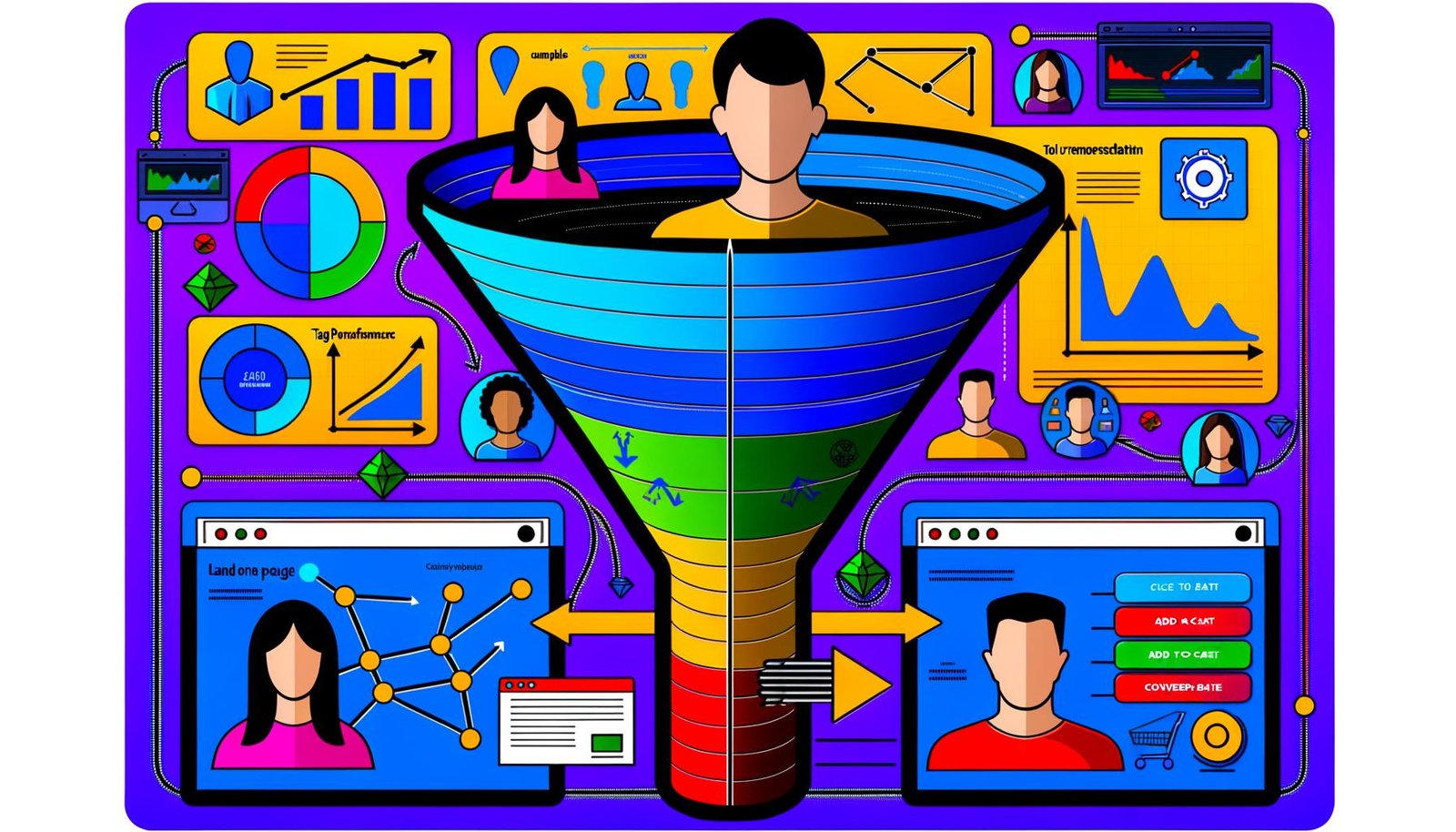 Modern illustrierter digitaler Conversion-Funnel mit diversen Nutzer-Avataren, Datenströmen, Analytics-Symbolen, Tool-Icons wie Google Analytics, Tag Manager, Heatmaps und A/B-Test auf Dashboards im Hintergrund.