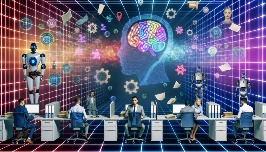 Illustration eines modernen Arbeitsplatzes im Wandel mit Menschen, humanoiden Robotern, KI-Symbolen und sich auflösenden Büroakten.