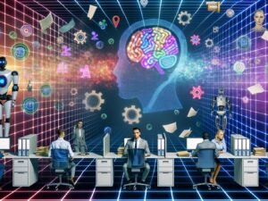 Illustration eines modernen Arbeitsplatzes im Wandel mit Menschen, humanoiden Robotern, KI-Symbolen und sich auflösenden Büroakten.