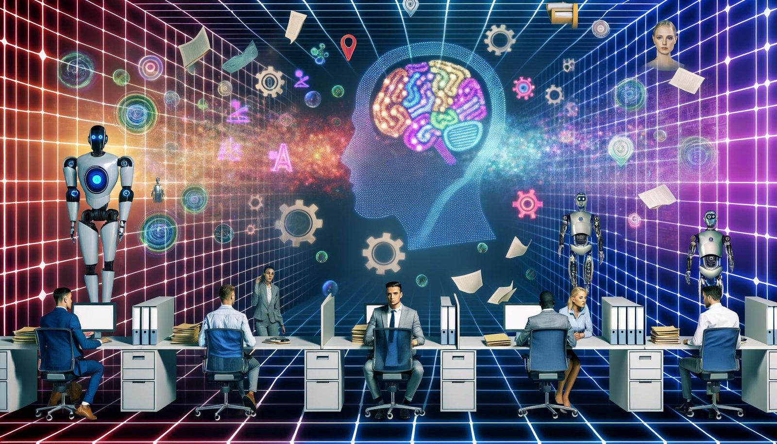 Illustration eines modernen Arbeitsplatzes im Wandel mit Menschen, humanoiden Robotern, KI-Symbolen und sich auflösenden Büroakten.
