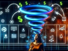 Stilisierte Illustration eines Marketers vor einem chaotischen Marketing-Funnel in Form eines Bermuda-Dreiecks. Daten und Symbole verschwinden, während Verbindungslinien verschiedene digitale Systeme und Tools verknüpfen.