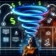 Stilisierte Illustration eines Marketers vor einem chaotischen Marketing-Funnel in Form eines Bermuda-Dreiecks. Daten und Symbole verschwinden, während Verbindungslinien verschiedene digitale Systeme und Tools verknüpfen.