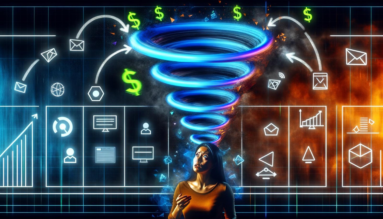 Stilisierte Illustration eines Marketers vor einem chaotischen Marketing-Funnel in Form eines Bermuda-Dreiecks. Daten und Symbole verschwinden, während Verbindungslinien verschiedene digitale Systeme und Tools verknüpfen.