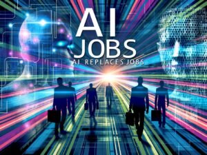 Futuristische Magazin-Titelseite mit Expertenfiguren, die von abstrakten KI-Elementen und digitalen Strukturen überlagert werden. Im Hintergrund moderne Büro- und Techniklandschaften und prominenter Text: KI ersetzt Jobs.