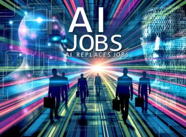 Futuristische Magazin-Titelseite mit Expertenfiguren, die von abstrakten KI-Elementen und digitalen Strukturen überlagert werden. Im Hintergrund moderne Büro- und Techniklandschaften und prominenter Text: KI ersetzt Jobs.