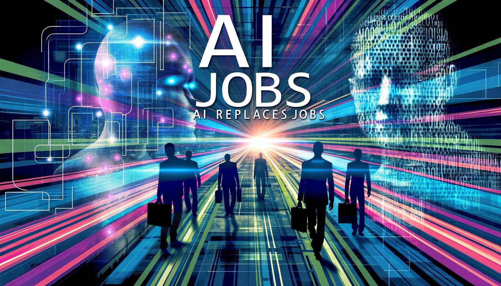 Futuristische Magazin-Titelseite mit Expertenfiguren, die von abstrakten KI-Elementen und digitalen Strukturen überlagert werden. Im Hintergrund moderne Büro- und Techniklandschaften und prominenter Text: KI ersetzt Jobs.