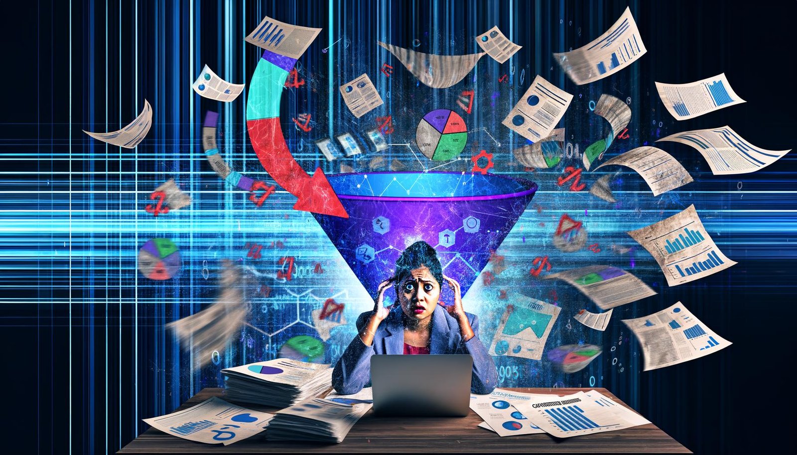 Frustrierter Marketer am vollgestapelten Schreibtisch mit chaotischen Datenströmen, Trichterdiagramm mit roten Drop-offs, verblasste Google Analytics-Elemente und technisches Dashboard mit Echtzeitanalysen.