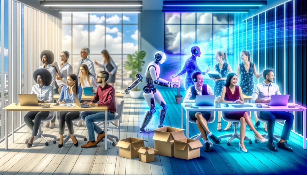 Büroszene im Wandel: links traditionelle Mitarbeiter, die mit Sorgen von einem Roboterarm ersetzt werden, rechts vielfältiges Team, das erfolgreich mit KI-Tools zusammenarbeitet, umgeben von futuristischen digitalen Hologrammen.
