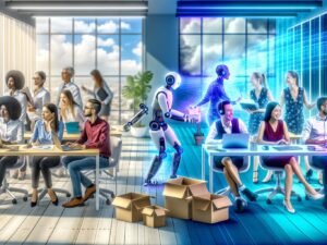 Büroszene im Wandel: links traditionelle Mitarbeiter, die mit Sorgen von einem Roboterarm ersetzt werden, rechts vielfältiges Team, das erfolgreich mit KI-Tools zusammenarbeitet, umgeben von futuristischen digitalen Hologrammen.