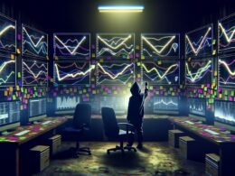 Gritty Workspace mit mehreren Dashboards, Conversion-Statistiken und Marketer in Hoodie, der Charts analysiert