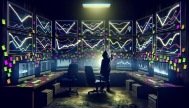 Gritty Workspace mit mehreren Dashboards, Conversion-Statistiken und Marketer in Hoodie, der Charts analysiert