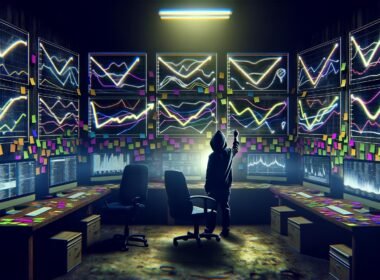Gritty Workspace mit mehreren Dashboards, Conversion-Statistiken und Marketer in Hoodie, der Charts analysiert