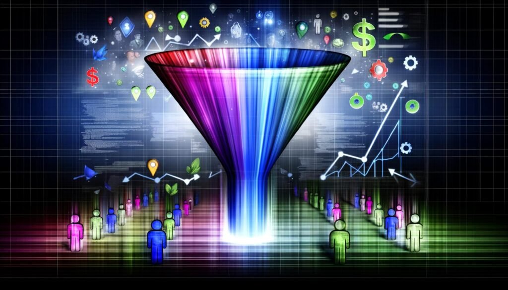 Abstrahierter, moderner Conversion-Funnel mit bunten Datenpunkten, Leads und Nutzern in verschiedenen Trichterstufen, unterlegt mit visualisierten Metriken und Code-Elementen im Online-Marketing-Stil.