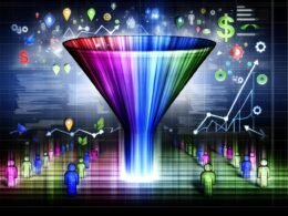 Abstrahierter, moderner Conversion-Funnel mit bunten Datenpunkten, Leads und Nutzern in verschiedenen Trichterstufen, unterlegt mit visualisierten Metriken und Code-Elementen im Online-Marketing-Stil.