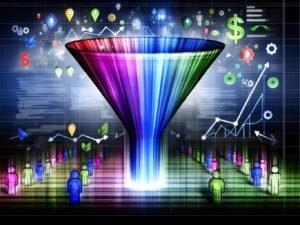 Abstrahierter, moderner Conversion-Funnel mit bunten Datenpunkten, Leads und Nutzern in verschiedenen Trichterstufen, unterlegt mit visualisierten Metriken und Code-Elementen im Online-Marketing-Stil.