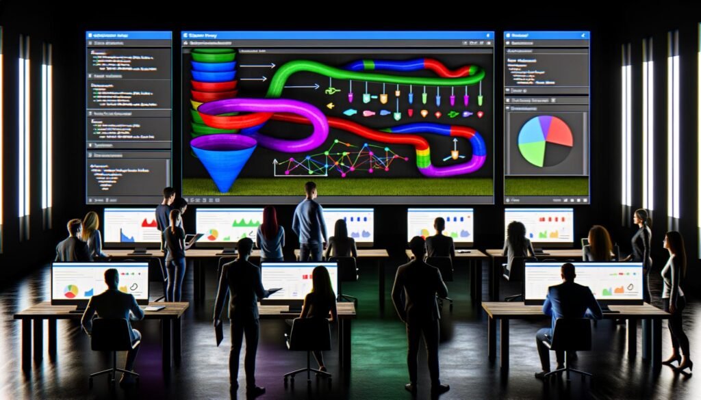 Dunkle High-Tech-Arbeitsumgebung mit bunten Data Dashboards und komplexem Conversion-Funnel-Visual, umgeben von konzentrierten Data-Analysten.