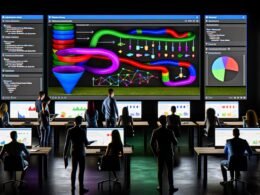 Dunkle High-Tech-Arbeitsumgebung mit bunten Data Dashboards und komplexem Conversion-Funnel-Visual, umgeben von konzentrierten Data-Analysten.