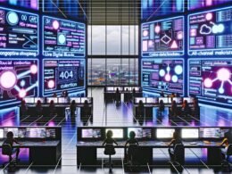 Futuristischer Open-Space-Kontrollraum mit Entwicklern und Content Creators vor großen digitalen Displays, die Echtzeit-Datenströme, APIs und modulare UI-Elemente zeigen.