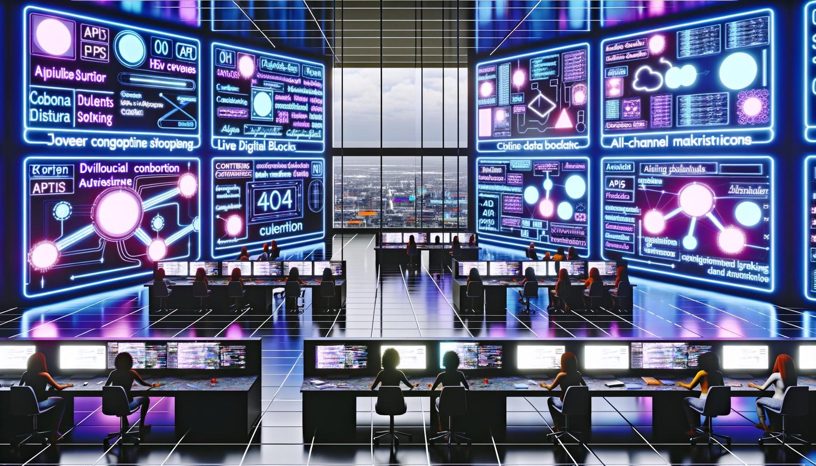 Futuristischer Open-Space-Kontrollraum mit Entwicklern und Content Creators vor großen digitalen Displays, die Echtzeit-Datenströme, APIs und modulare UI-Elemente zeigen.