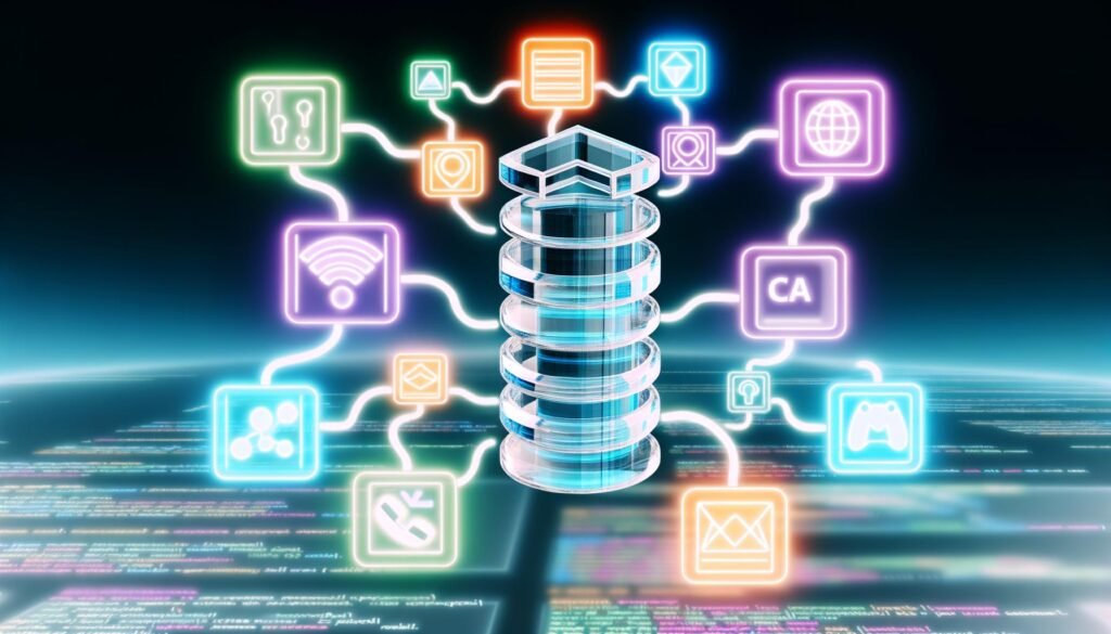 Illustration einer modernen Content-Architektur mit zentraler API-Säule, die verschiedene digitale Kanäle verbindet. Im Vordergrund leuchtende Content-Blöcke, im Hintergrund verblassende traditionelle CMS-Layouts.