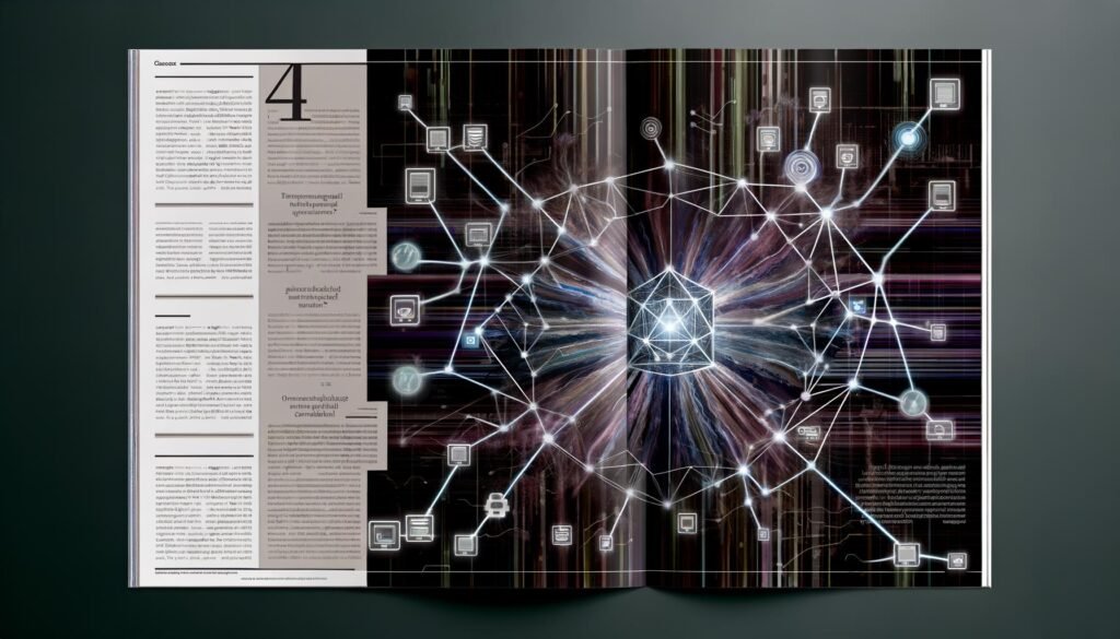 Futuristische Magazin-Doppelseite mit zentralem Datenschema, durchdringenden Content-Strömen in digitale Kanäle und schwebendem Sanity-Logo auf dunkel-technischem Hintergrund